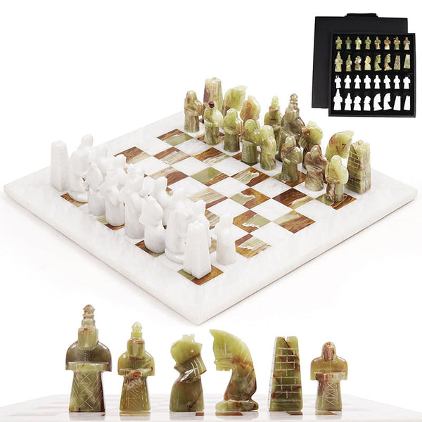 White & Green Antique Marble Chess Set — 15-Inch | Medieval Figurative Style