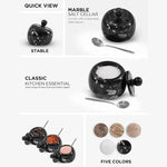 Black marble salt cellar set with lid and spoon, 3 inches wide, shown holding salt, chilli and pepper with five color variants