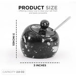 Black marble salt cellar with lid and stainless steel spoon, 3 inches wide and 3 inches tall with 2.8 oz capacity