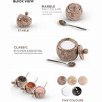 Oceanic marble salt cellar set with lid and spoon, 3 inches wide, shown holding salt, chilli and pepper with five color variants