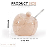 Verona marble salt cellar with lid and stainless steel spoon, 3 inches wide and 3 inches tall with 2.8 oz capacity