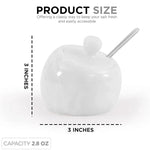 White marble salt cellar with lid and stainless steel spoon, 3 inches wide and 3 inches tall with 2.8 oz capacity