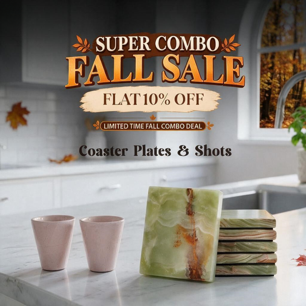 Fall Entertaining Marble Combo – Green Onyx Coaster Plate & Verona Marble Shot Glasses