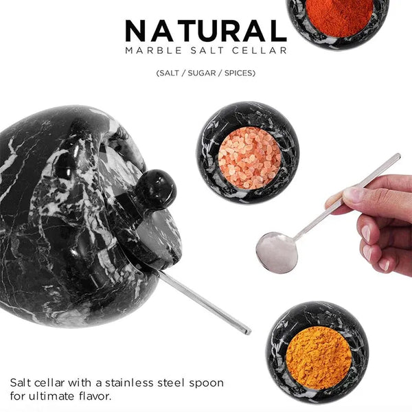 Black marble salt cellar set with stainless steel spoon holding salt, sugar and spices, 4 inches wide with 6.8 oz capacity