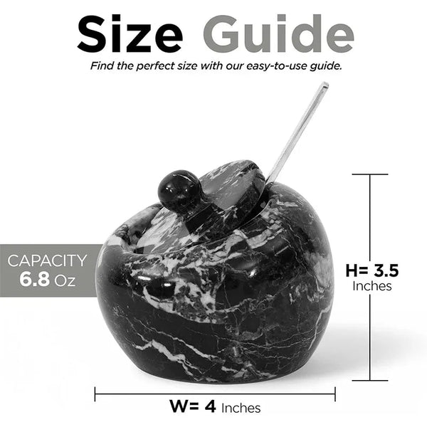 Black marble salt cellar with lid and stainless steel spoon, 4 inches wide and 3.5 inches tall with 6.8 oz capacity