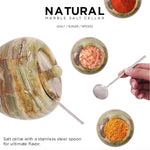 Green onyx marble salt cellar set with stainless steel spoon holding salt, sugar and spices, 4 inches wide with 6.8 oz capacity