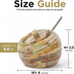 Green onyx marble salt cellar with lid and stainless steel spoon, 4 inches wide and 3.5 inches tall with 6.8 oz capacity