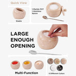 Verona marble salt cellar with lid and spoon, 4 inches wide, showing the wide opening, multi-use options and five color variants