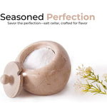 Verona marble salt cellar with lid open, filled with pink Himalayan salt, 4 inches wide and 3.5 inches tall