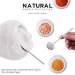 White marble salt cellar set with stainless steel spoon holding salt, sugar and spices, 4 inches wide with 6.8 oz capacity