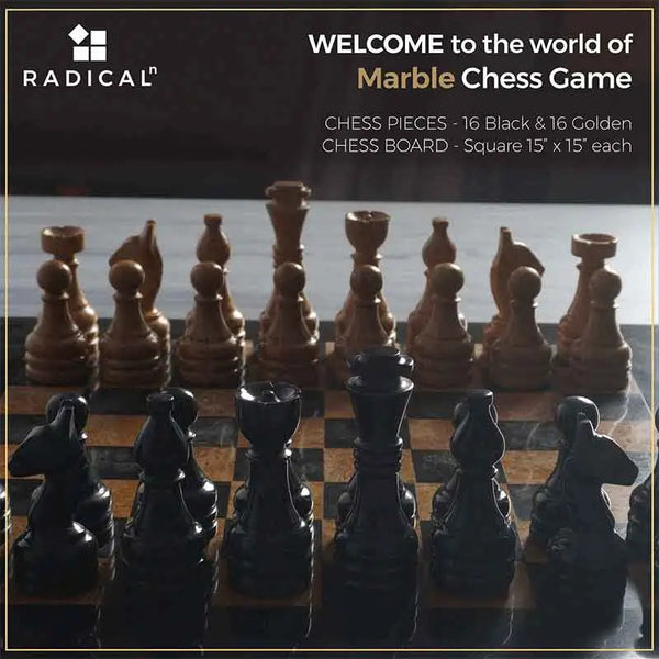 Black and golden marble chess set overview — 16 black and 16 golden marble pieces on 15x15 inch natural stone board by RADICALn