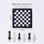Black and white marble chess set size guide — 12x12 inch board, king 2.75 inches, queen 2.5 inches, pawn 2 inches by RADICALn