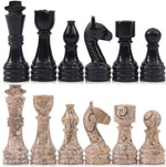Black and fossil coral marble chess pieces lineup — king queen bishop knight rook pawn by RADICALn