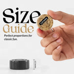 Black and fossil coral marble checkers pieces size guide — 1.25 inch diameter, 0.5 inch height by RADICALn
