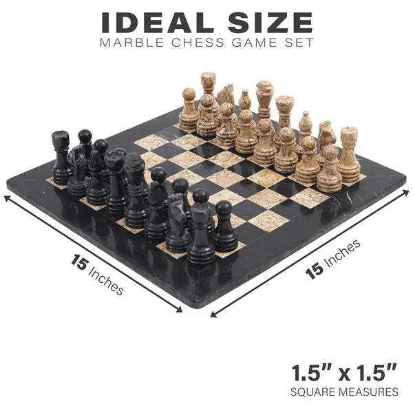Black and fossil coral marble chess board size guide — 15x15 inch board, individual squares 1.5x1.5 inches by RADICALn