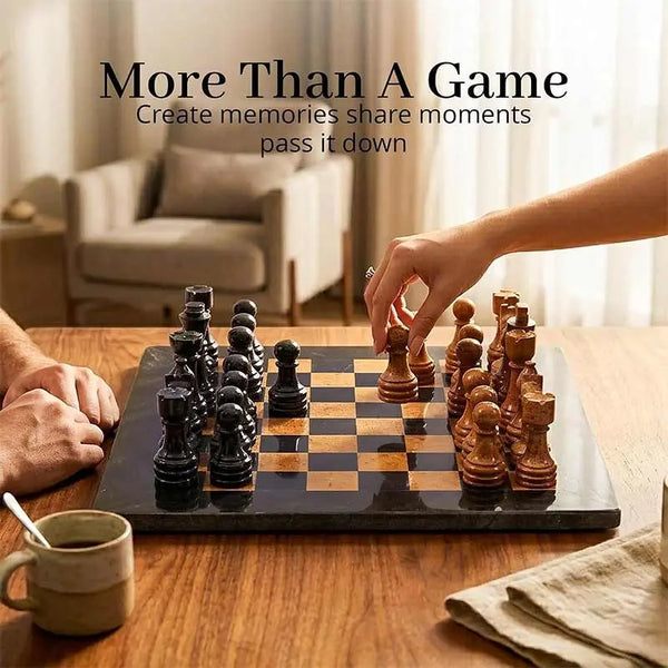 Two players enjoying a game on a Black & Golden Marble Chess Set at a wooden table in a cozy living room