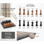 Black & Golden Marble Chess Set size guide showing 15x15 inch board, 1.5 inch squares and 3.5 inch king piece