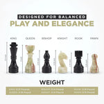 Black marble and multi green onyx chess pieces size guide — king 3.5 inches, queen 3 inches, weights by piece by RADICALn