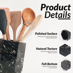 Black marble utensil crock details: polished surface, natural texture and scratch-preventing felt bottom