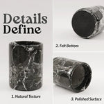 Black marble utensil holder details: natural texture, felt bottom and polished surface