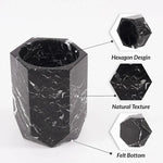 Black marble wine chiller details: hexagon design, veined natural texture and felt bottom