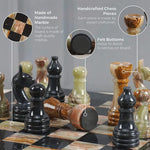 Black and multi green onyx marble chess set detail — handmade marble board, felt bottoms, handcrafted pieces by RADICALn