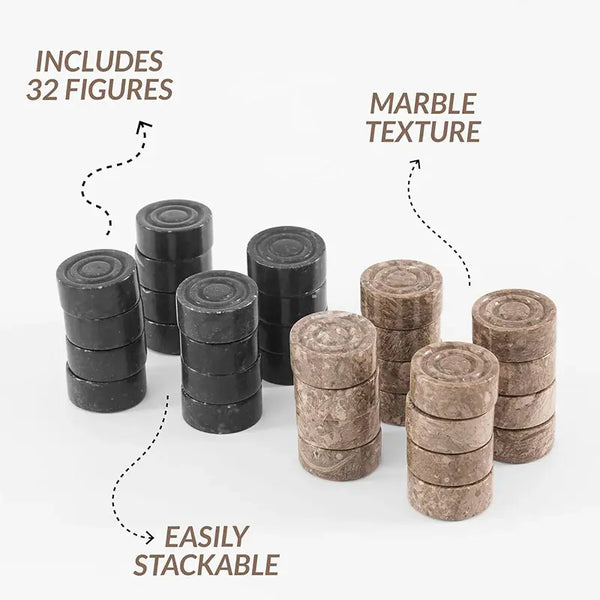 Black and oceanic marble checkers pieces — 32 stackable natural marble discs by RADICALn