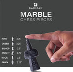 Black and white antique marble chess pieces size guide — king 3.75 in, queen 3.25 in, bishop 2.5 in, knight 2.75 in, rook 2.5 in, pawn 2.25 in by RADICALn