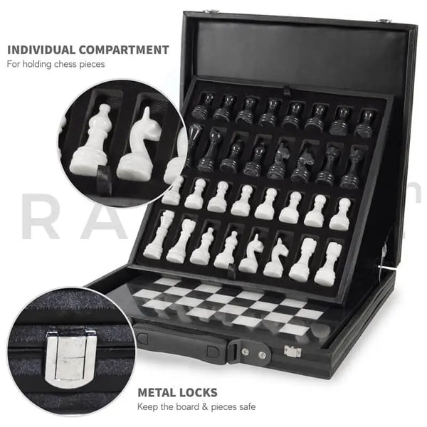Black and white marble chess set luxury storage box open — individual compartments for all 32 pieces and metal locks by RADICALn