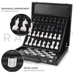 Black and white marble chess set luxury storage box open — individual compartments for all 32 pieces and metal locks by RADICALn