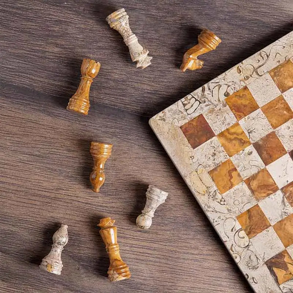 Coral and red marble chess set 12 inch — pieces scattered on dark wood surface showing fossil coral and red marble stone detail by RADICALn
