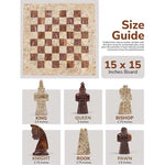 Coral and red antique marble chess set size guide — 15x15 inch board, king 3.5 inches, queen 3 inches, pawn 2.5 inches by RADICALn
