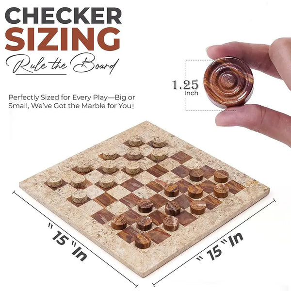 Coral and red marble checkers set size guide — 15x15 inch board with 1.25 inch diameter disc measurement by RADICALn