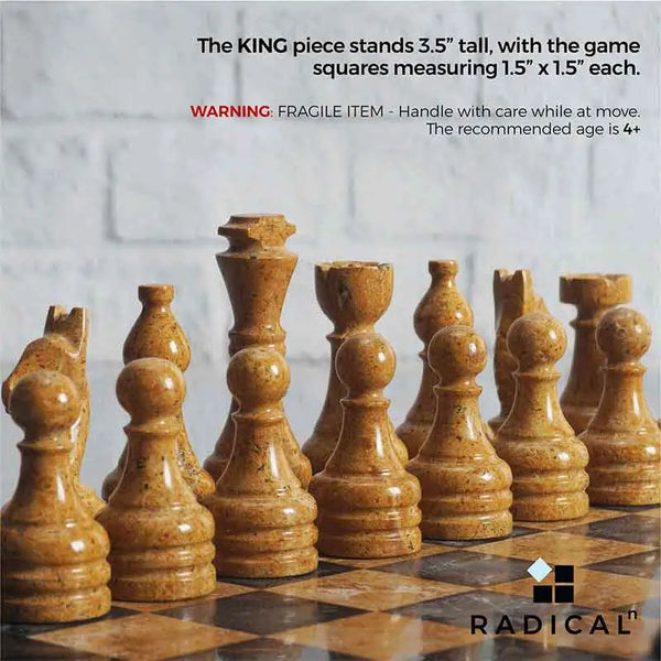 Golden marble chess pieces close-up — king piece 3.5 inches tall, individual board squares 1.5x1.5 inches, RADICALn black and golden marble chess set