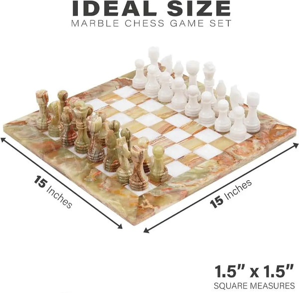 Green onyx and white marble chess board size guide — 15x15 inch board, individual squares 1.5x1.5 inches by RADICALn