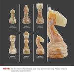 Green onyx and white marble chess pieces size guide — pawn 2.25 in, bishop 2.75 in, queen 3 in, rook 2.75 in, king 3.5 in, knight 2.75 in by RADICALn
