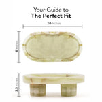 Green onyx footed marble bowl size guide: 10 inches long, 6 wide, 3.5 tall