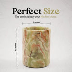 Green onyx marble utensil holder size guide showing 5 inch width and 6.5 inch height