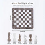 Grey oceanic and white marble chess set size guide — 12x12 inch board, king 2.75 inches, queen 2.5 inches, pawn 2 inches by RADICALn