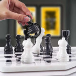 Hand lifting black chess pawn with felt bottom detail — White and black pieces in starting position by RADICALn