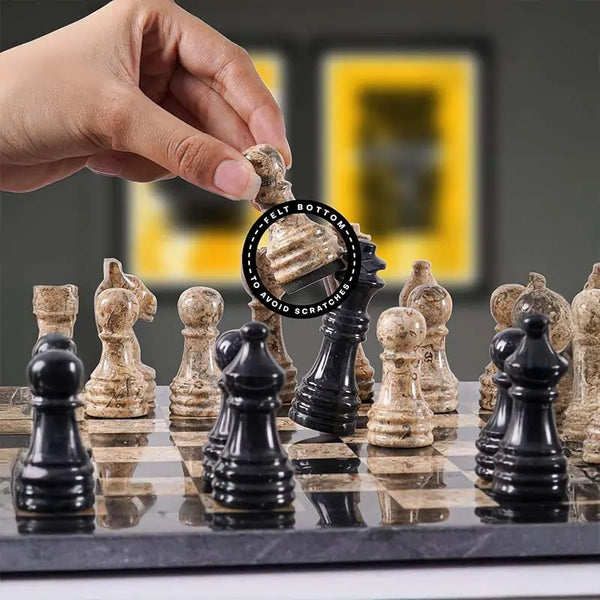 Hand lifting fossil coral chess pawn with felt bottom detail — Black and fossil coral pieces in starting position by RADICALn