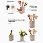 Hexagon oceanic marble utensil holder in four colors, shown holding utensils, wine and flowers