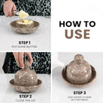 How to use an oceanic marble butter dish: add butter to the well, close the dome lid, then pour water into the base
