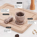 Marinara marble mortar and pestle features: smooth edges, comfortable pestle and natural stone with unique veining