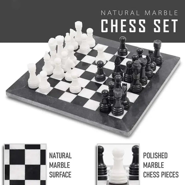 Natural black and white marble chess board 15 inch — hand-polished alternating stone squares by RADICALn