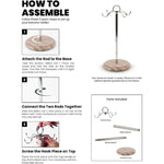 How to assemble a marble banana holder in three steps, with natural brown base, two metal rods and multi-hook head shown