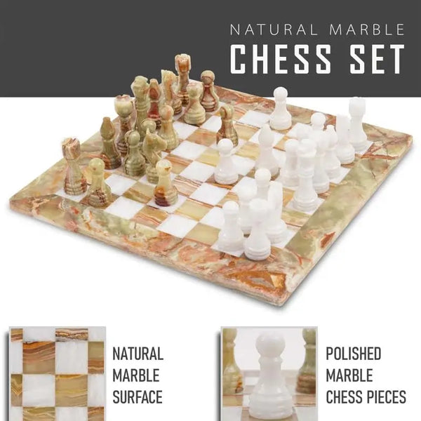 Natural green onyx and white marble chess board 15 inch — hand-polished alternating stone squares by RADICALn