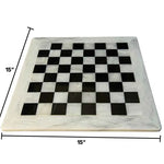 Natural white and black marble chess board size guide — 15x15 inch board, 64 squares each 1.5x1.5 inches, 0.04 inch thickness by RADICALn