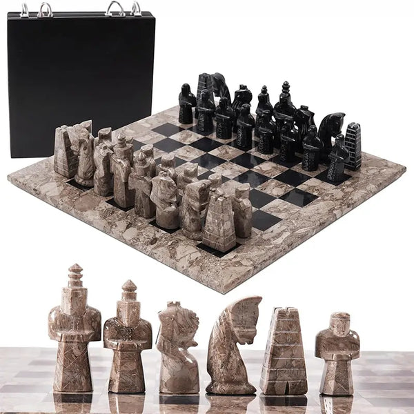 Oceanic and black antique marble chess set 15 inch — complete set with storage box and medieval figurative pieces lineup by RADICALn