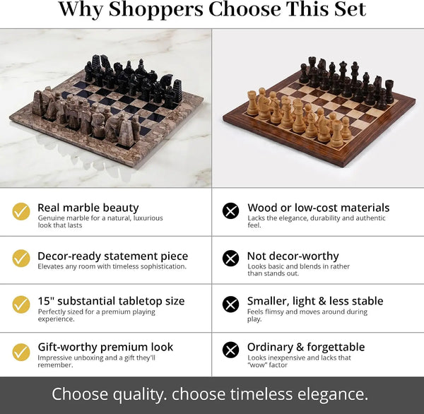 Oceanic and black antique marble chess set vs wooden chess set, showing real marble, 15 inch size and gift-worthy look